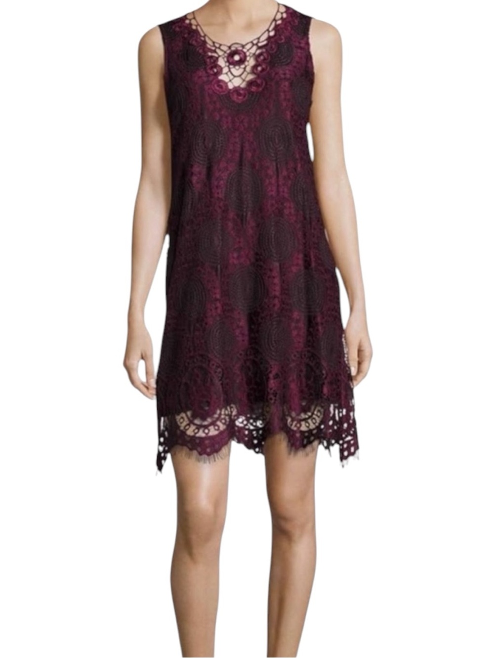 MAX STUDIO Crochet Scalloped Hem Lace Sleeveless Dress in Burgundy Size S — NWT